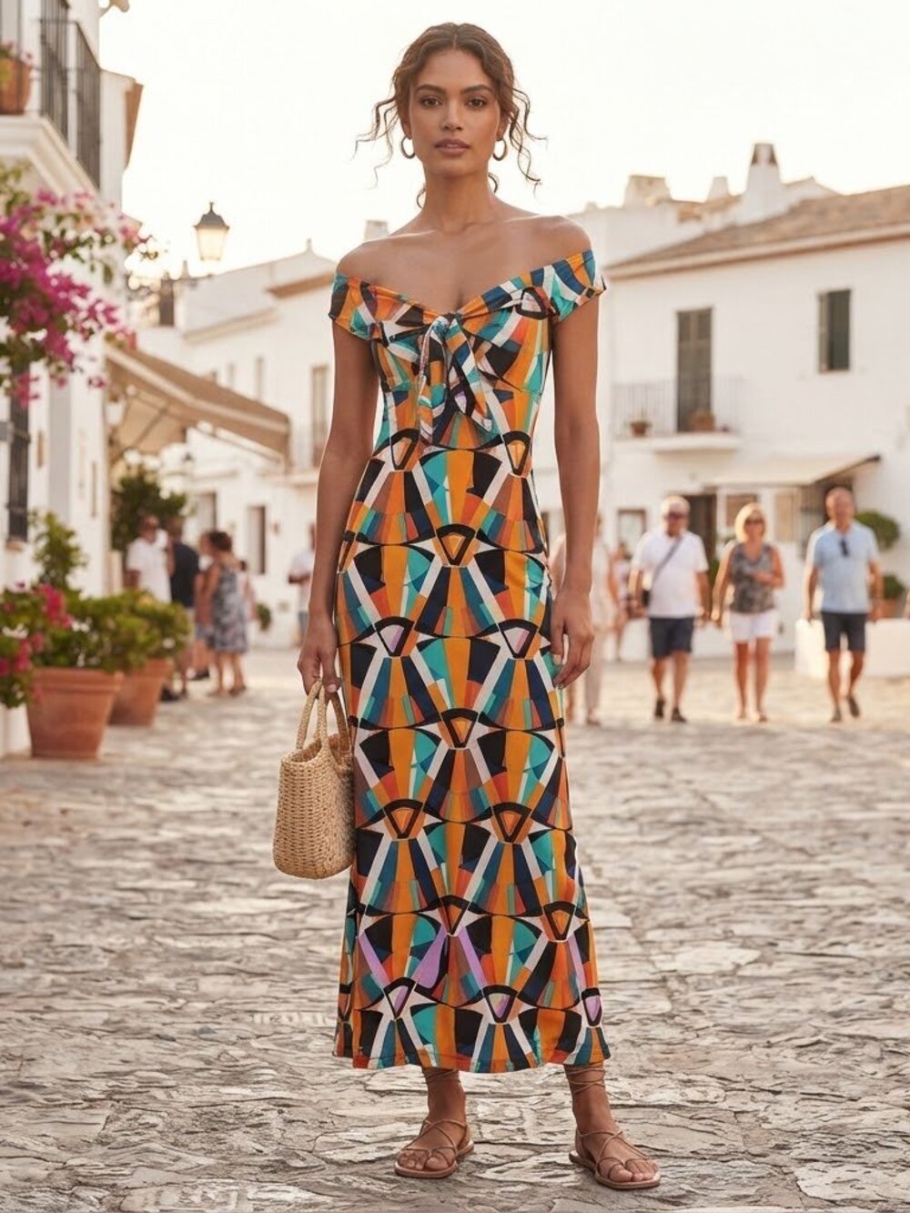 Va Va Voom Women's Geometric Print Off Shoulder Maxi Dress Polyester Size S